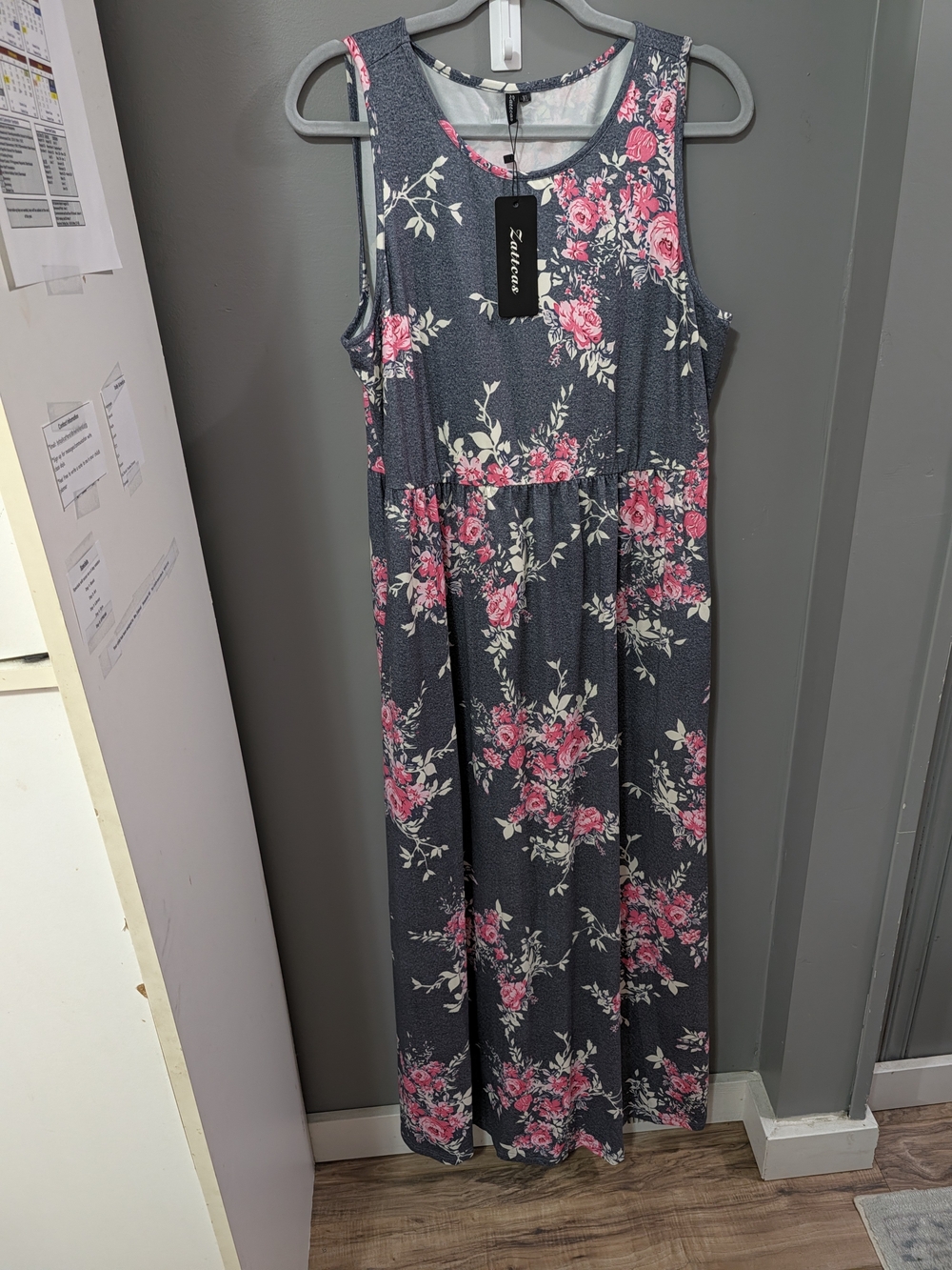 Sleeveless Gray Floral Maxi Dress with Pink Roses